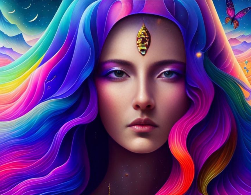 Vibrant digital artwork of woman with flowing multicolored hair and cosmic background.