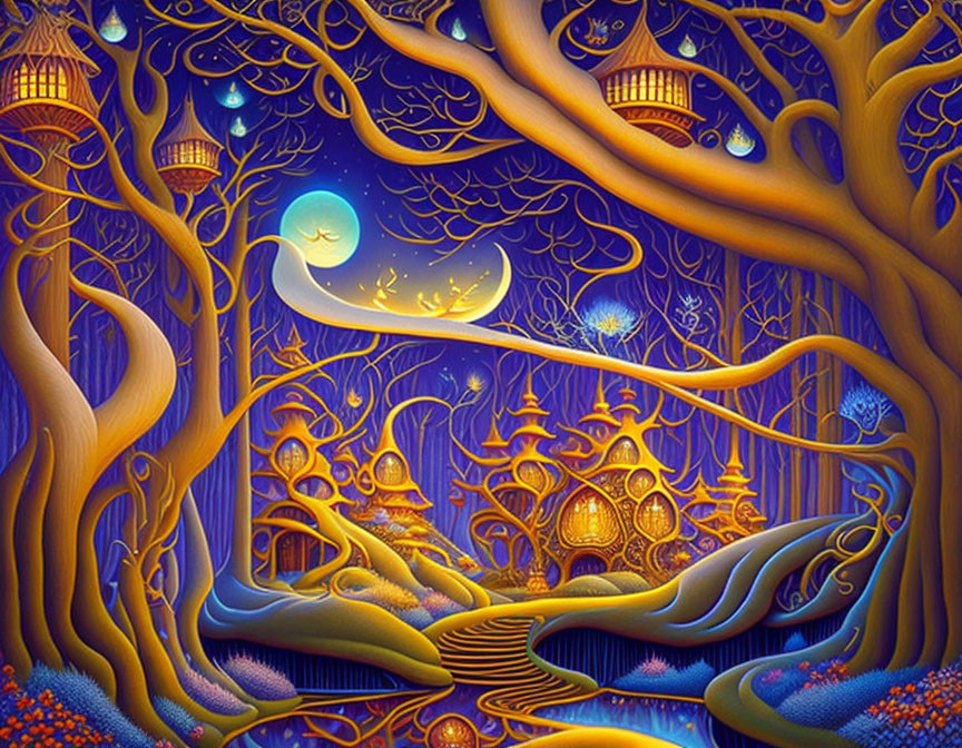 Enchanting fantasy forest with golden trees, glowing foliage, lanterns, and crescent moon