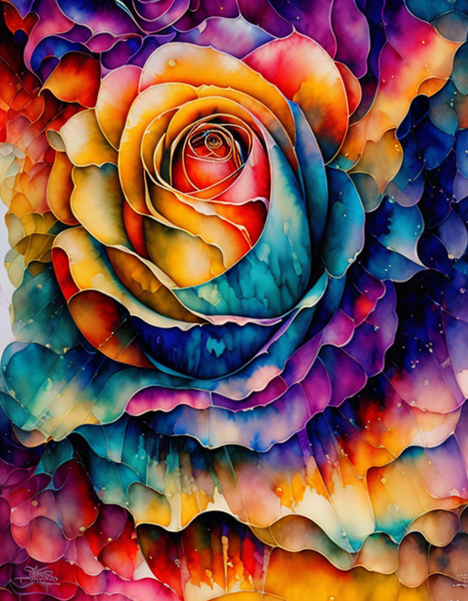 Colorful Watercolor Painting of Rose in Dreamlike Swirls