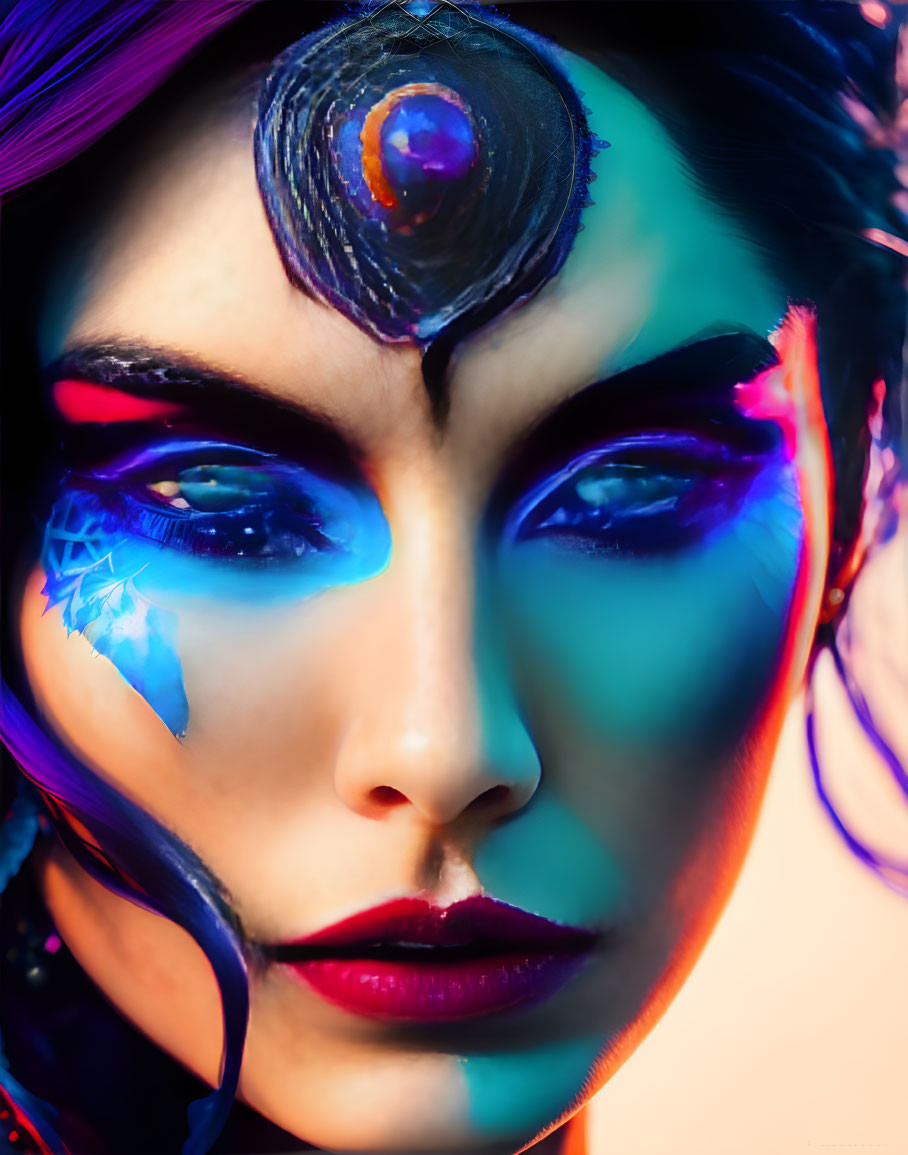 Person with vibrant blue makeup and peacock feather design under colorful lighting