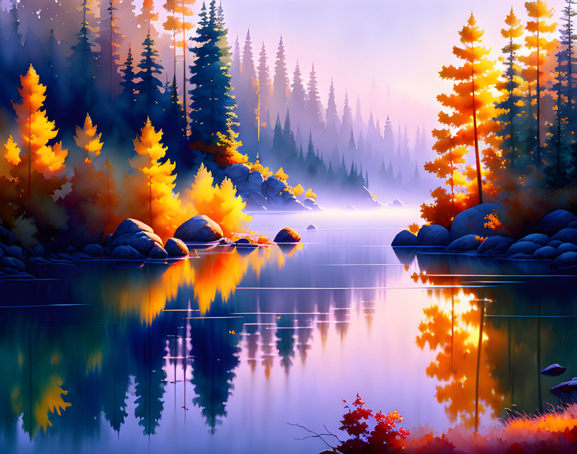 Autumn trees reflected in serene lake under hazy morning sky