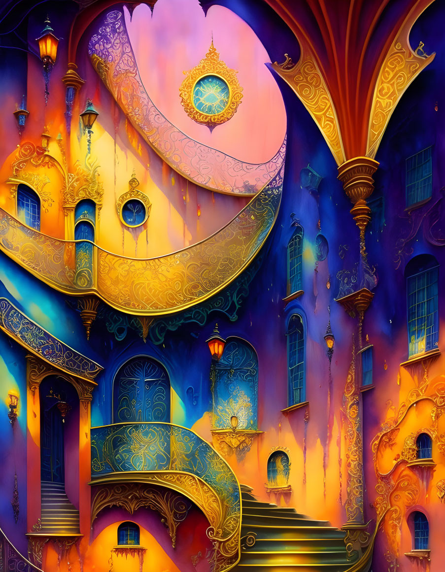 Whimsical architecture painting with glowing lanterns