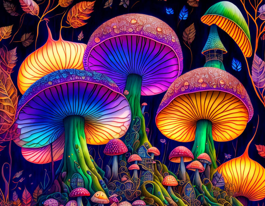 Fantasy illustration of vibrant neon-colored mushrooms and plants