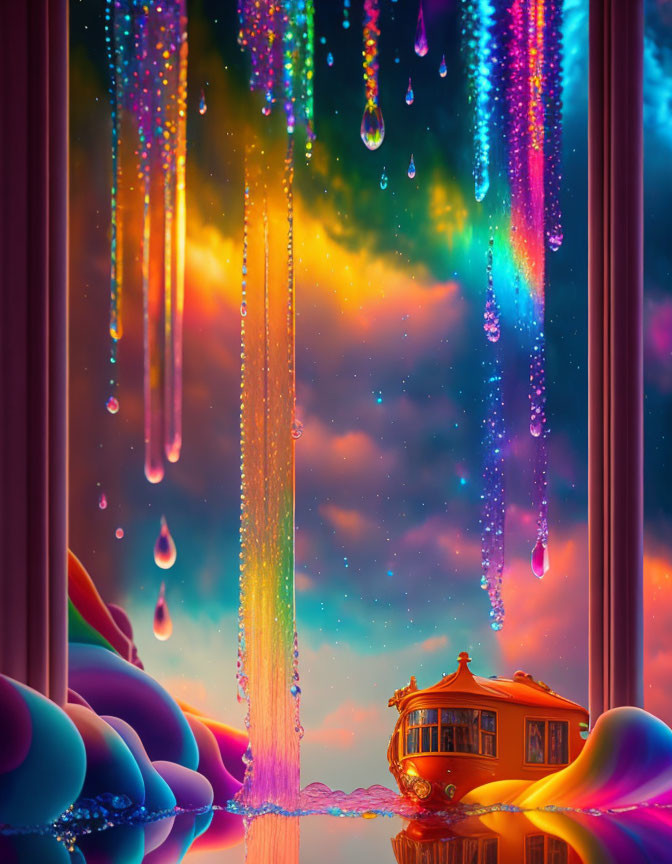 Colorful Surreal Landscape with Glowing Droplets and Houseboat