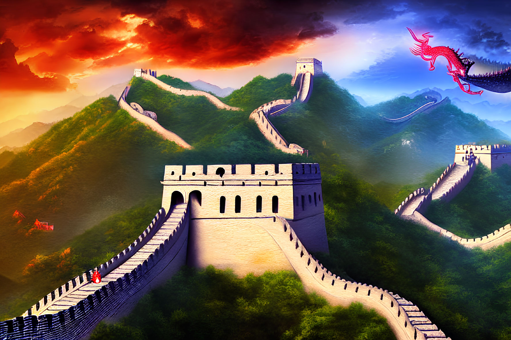 Great Wall of China with dragon in lush landscape under sunset sky