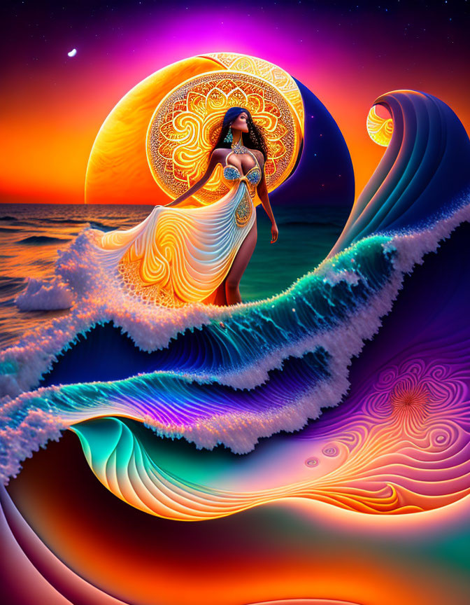 Surreal artwork: Woman, ocean wave, sun, moon, sunset sky