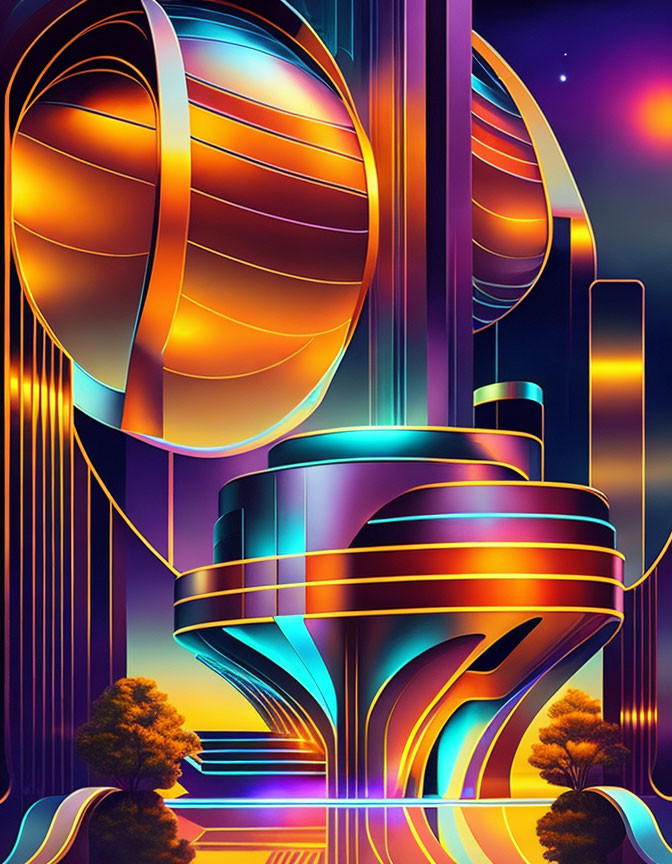 Futuristic skyscrapers with neon outlines in twilight sky