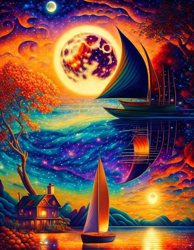 Surreal landscape with moon, sailboat, cottage, and starry sky