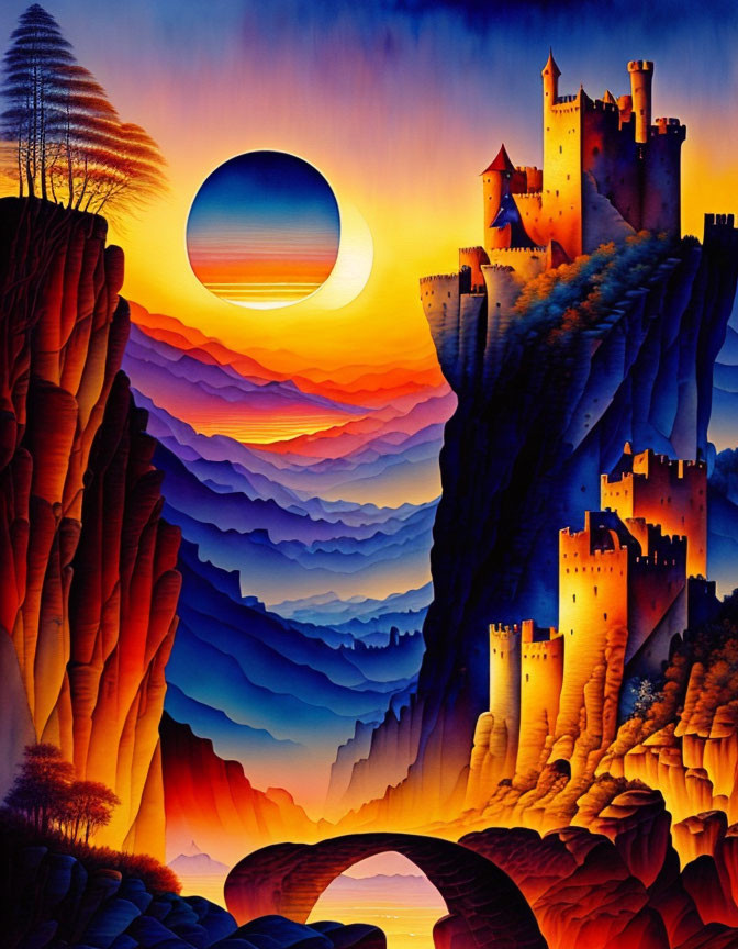 Fantastical landscape with layered mountains and castles at sunset