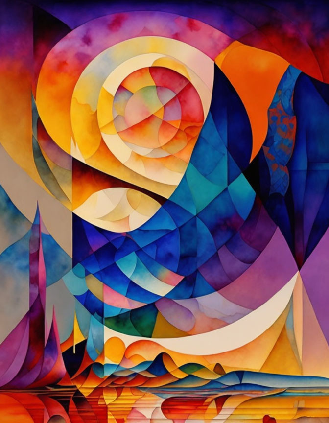 Vibrant Abstract Painting with Geometric Patterns and Swirls