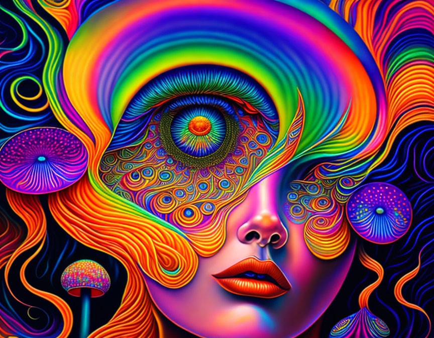 Colorful Psychedelic Artwork Featuring Woman's Face with Third Eye