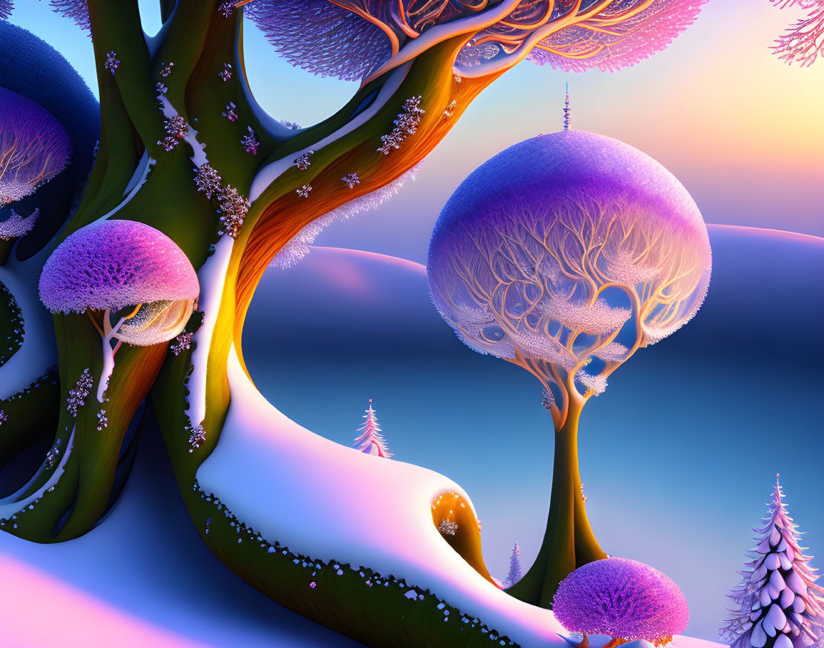 Surreal winter landscape with coral-like trees and orb-like structures