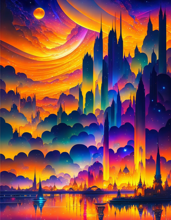 Vibrant cityscape with towering spires and starry sky above calm water