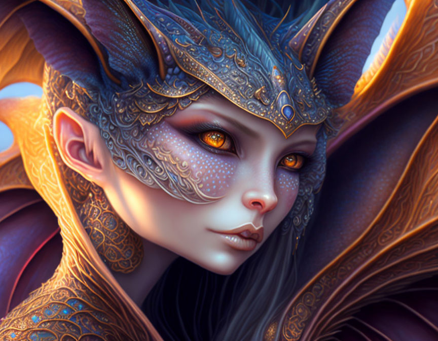 Fantasy-themed female character with ornate fox-like headgear and vibrant golden and blue hues