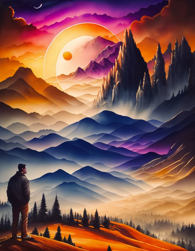 Vibrant sunset over layered mountains and silhouetted trees