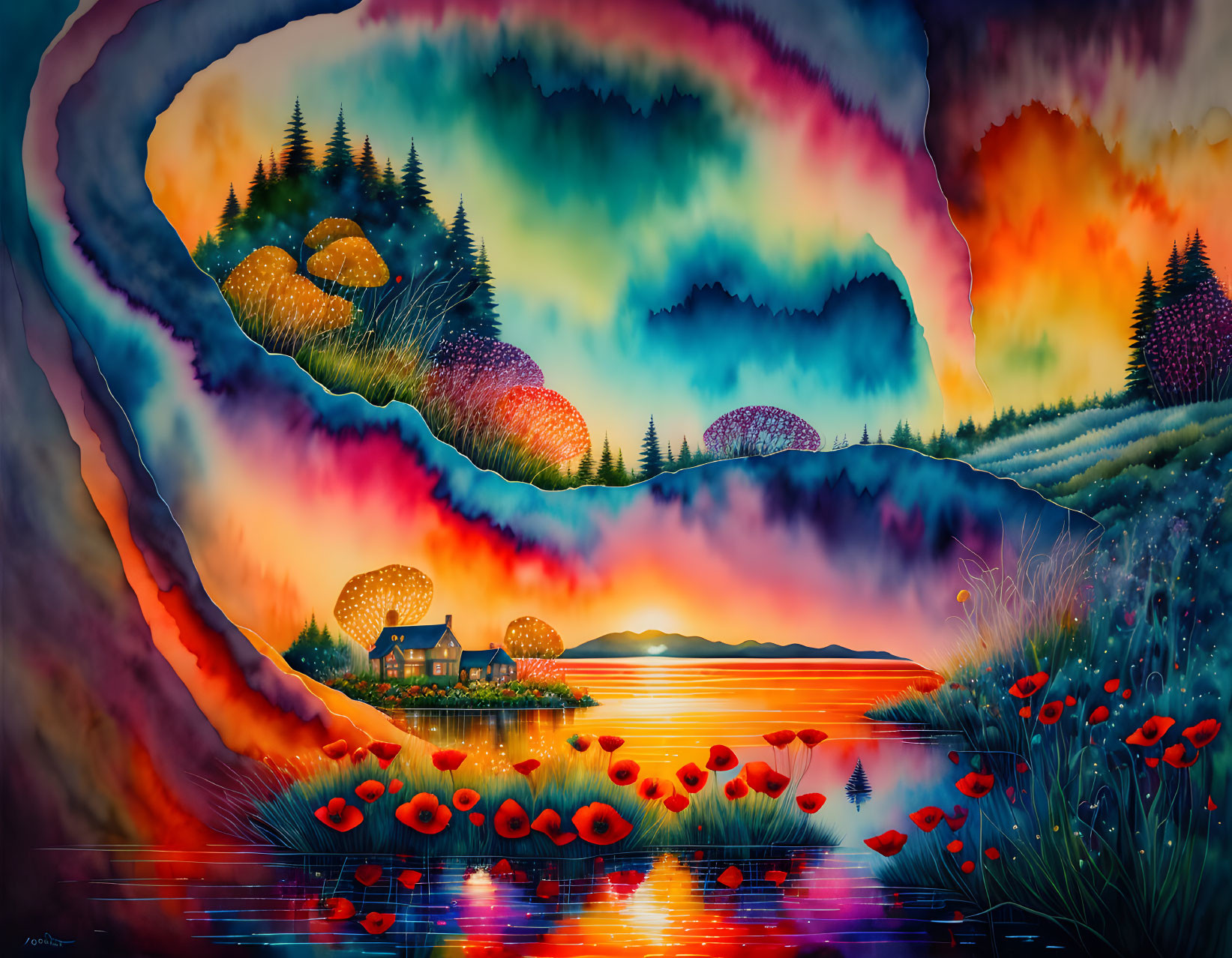 Colorful landscape painting: sunset, lake, cottage, flowers, stylized hills.