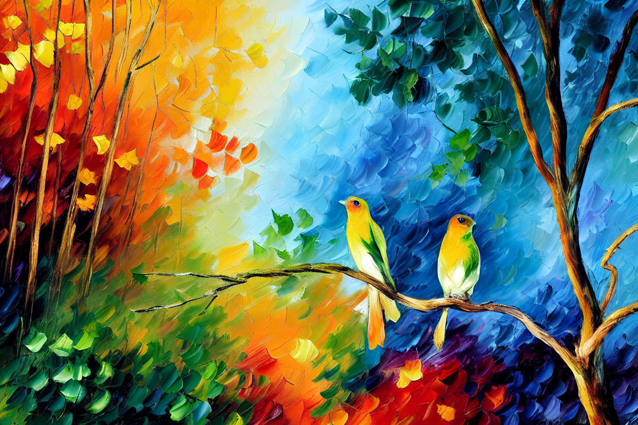 Colorful Birds on Branch with Vibrant Autumn Background