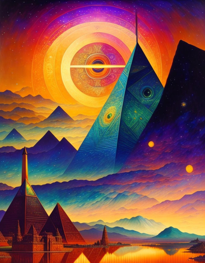 Surreal landscape with pyramids under celestial sky and cosmic portal