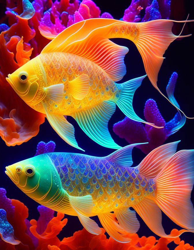 Colorful Fish Swimming Above Coral in Luminescent Underwater Scene