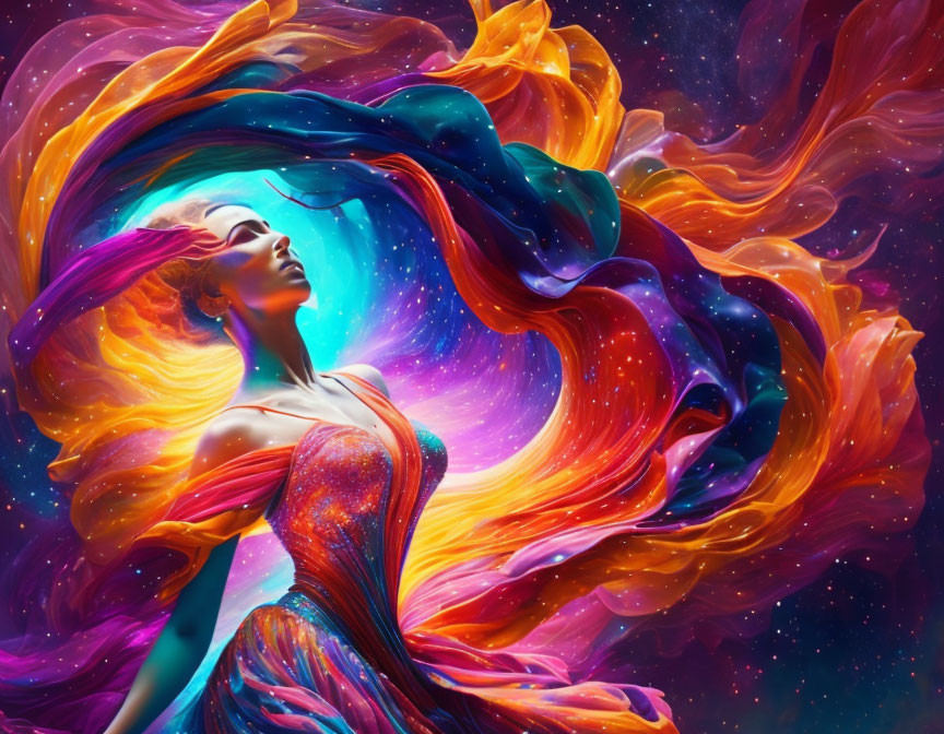 Colorful woman with cosmic hair in surreal image