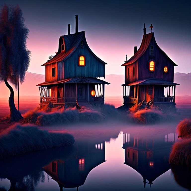 Whimsical glowing houses reflected in twilight water amid misty purple landscape