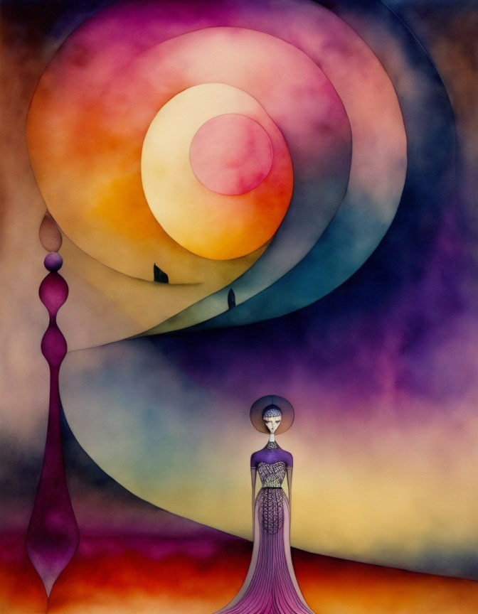 Surreal painting featuring figure in ornate gown under celestial-themed abstract shapes