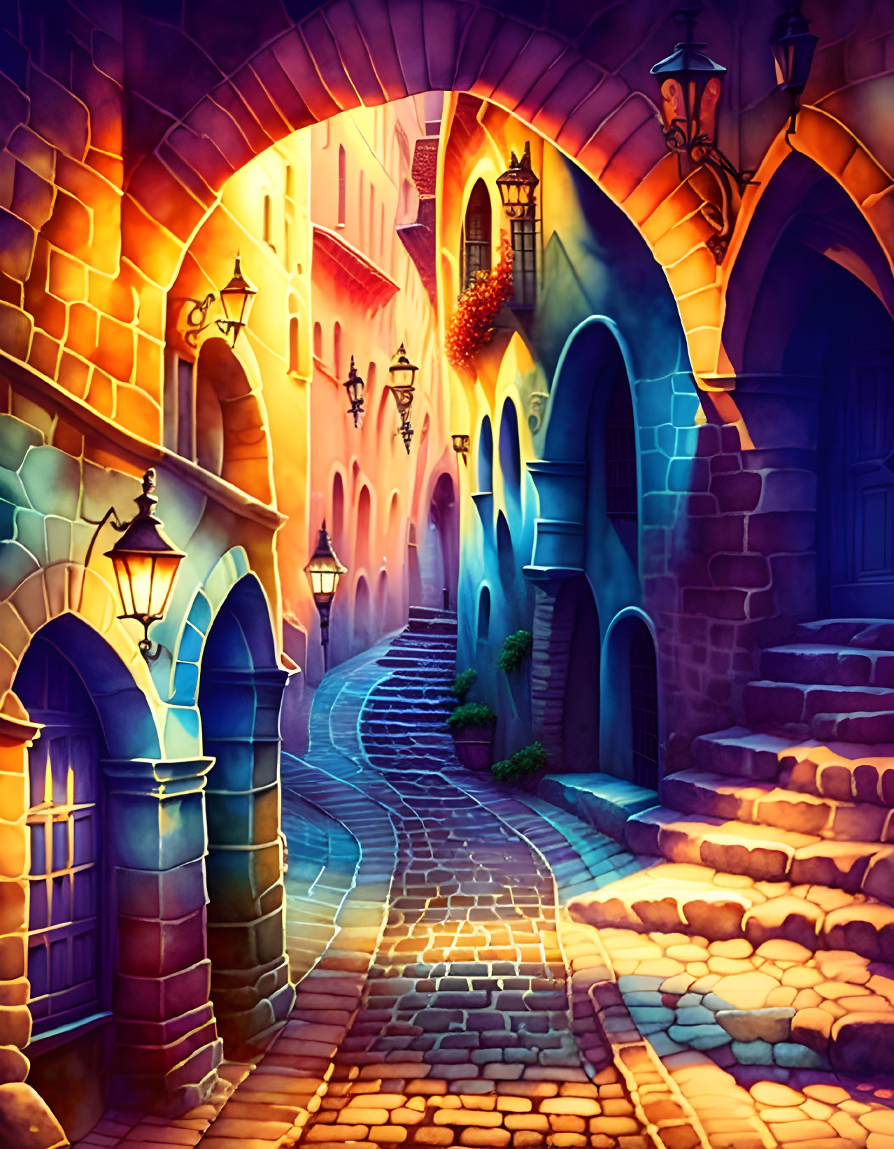 Enchanting cobblestone alley with glowing lanterns and archways