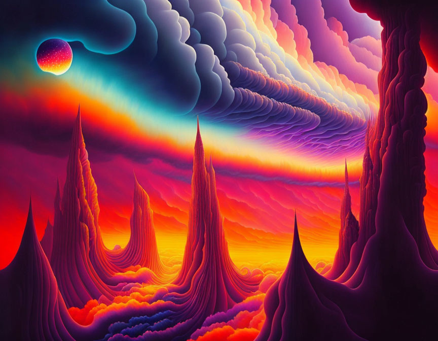 Colorful Psychedelic Landscape with Towering Spires and Distant Planet