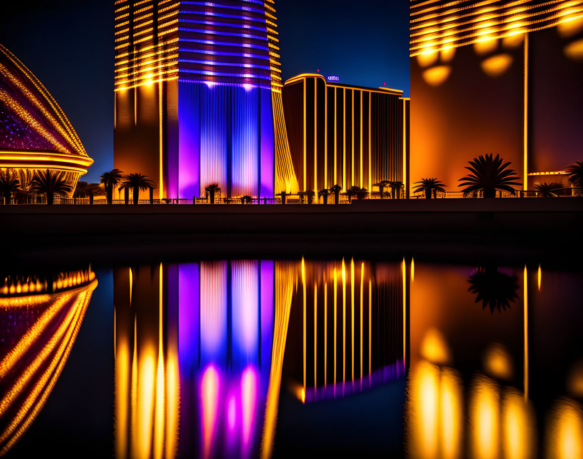 Twilight scene: Vibrant neon lights on buildings, reflected in calm water, with silhouet