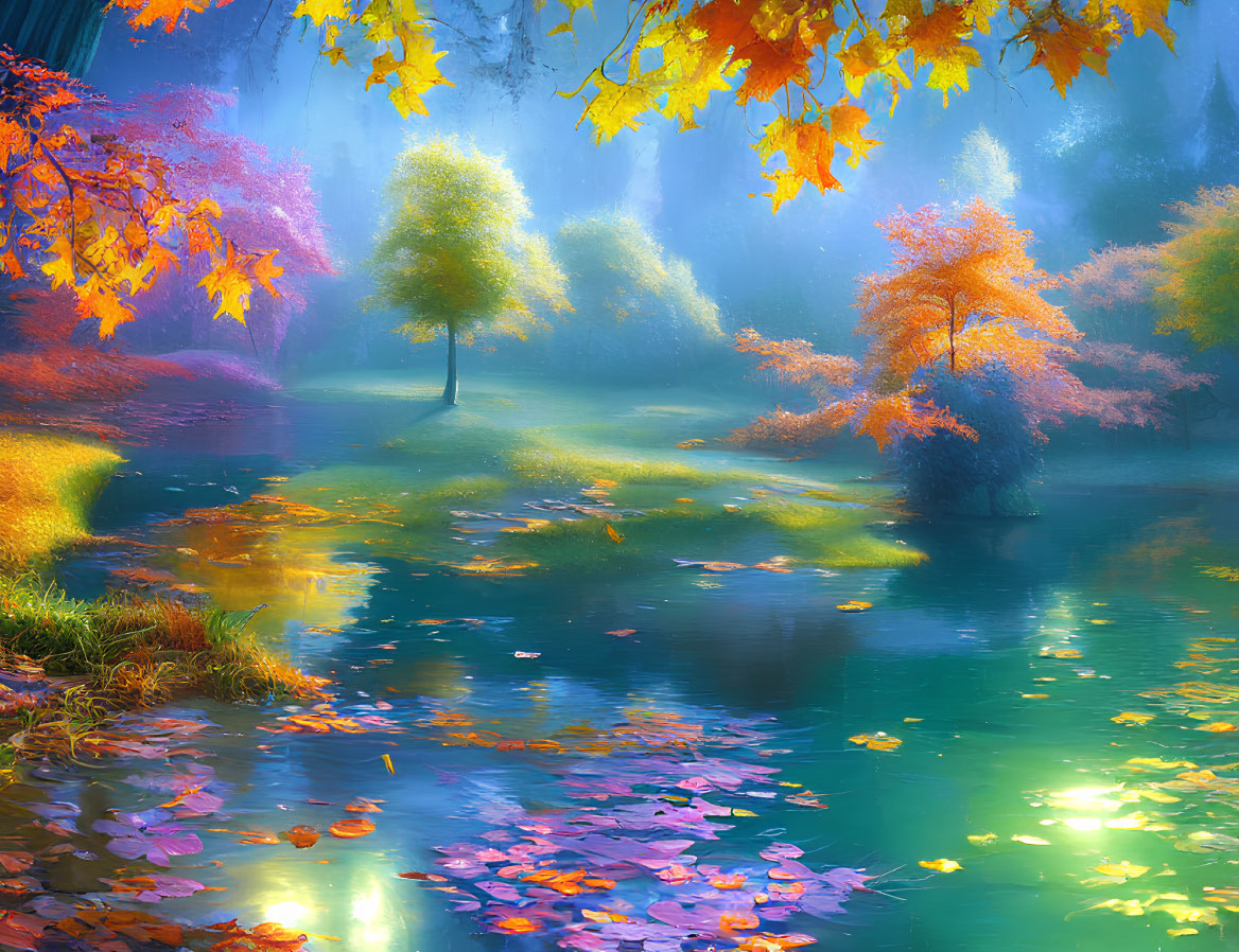 Colorful Autumn Landscape with Reflective Water and Scattered Leaves