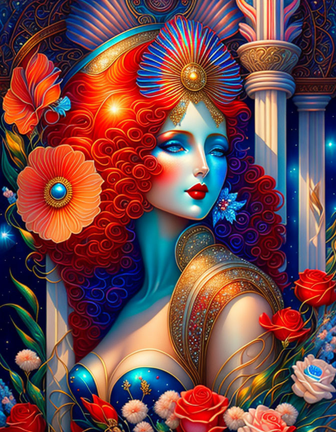 Digital artwork: Blue-skinned woman with red flowers and gold pillars on starry background