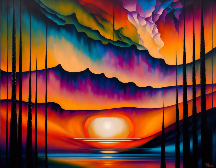 Colorful Abstract Landscape Painting: Radiant Sunset Over Water