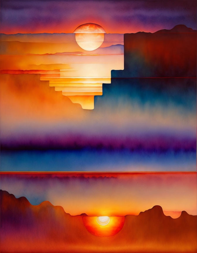 Split abstract painting: Sunset hues over water and mountain silhouettes