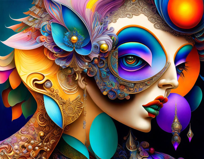 Colorful digital portrait of a woman with floral patterns and ornate jewelry