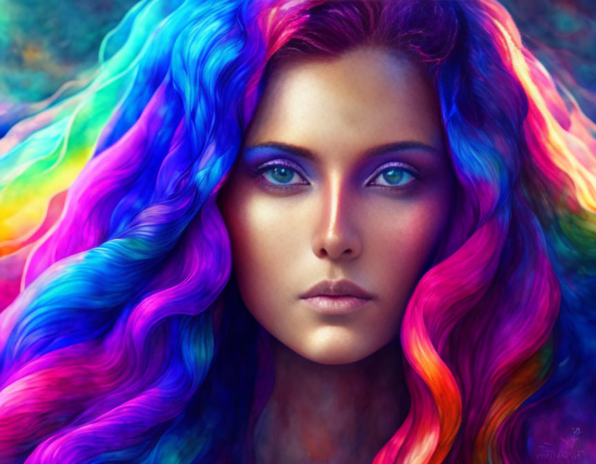 Colorful Portrait of Woman with Rainbow Hair and Blue Eyes