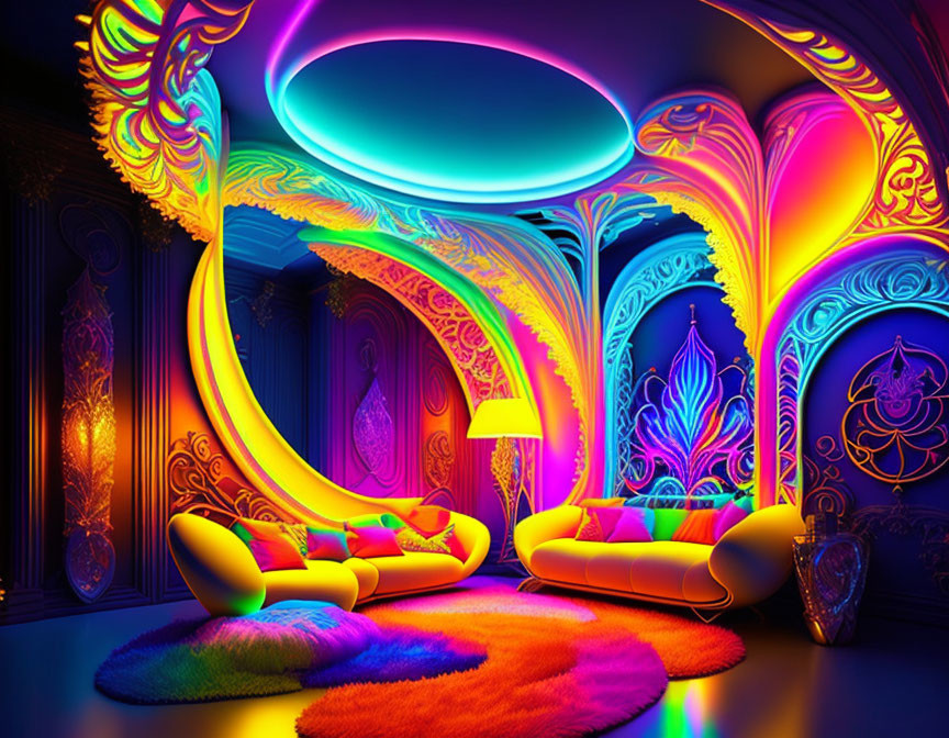 Colorful Psychedelic Room with Neon Lights and Futuristic Furniture