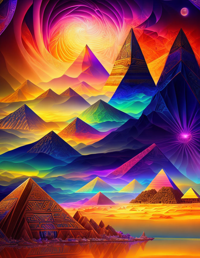 Colorful psychedelic artwork: Overlapping pyramids under cosmic sky