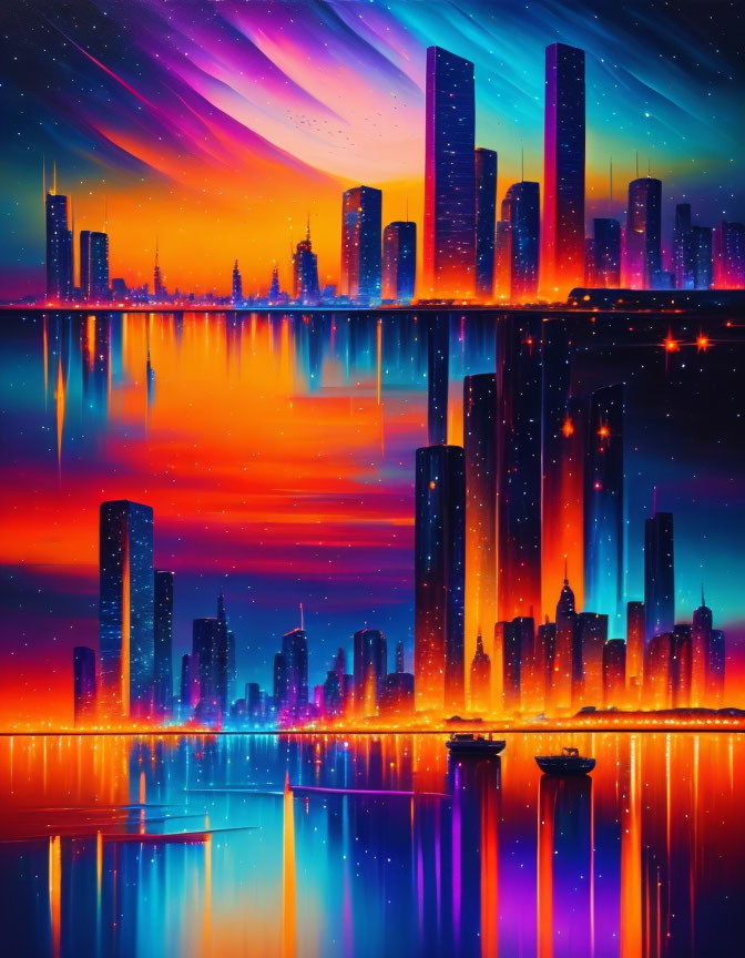 Colorful futuristic cityscape art with reflective buildings under a neon sky