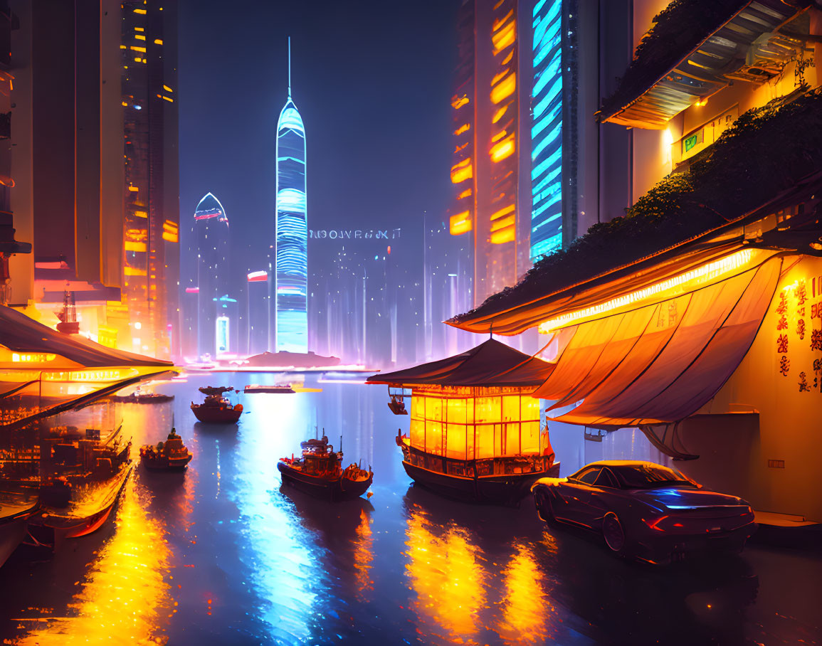 Night cityscape with illuminated skyscrapers, boats on waterways, and classic car under neon lights