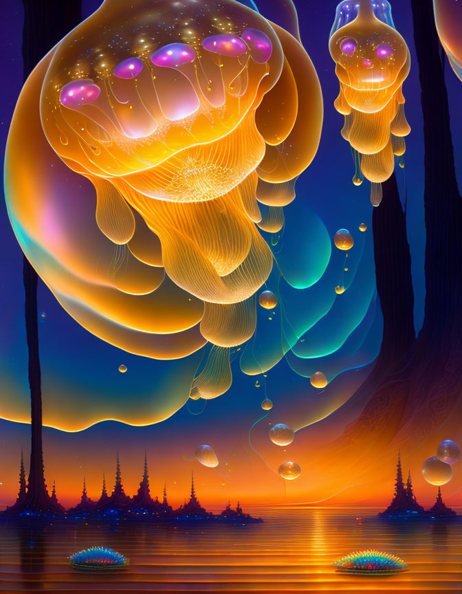 Surreal landscape with glowing jellyfish-like entities and colorful flora in twilight.