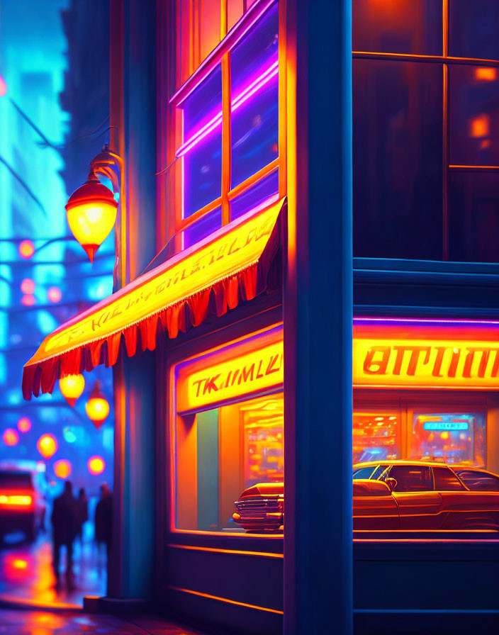 Neon-lit street at night with classic car and diner ambiance