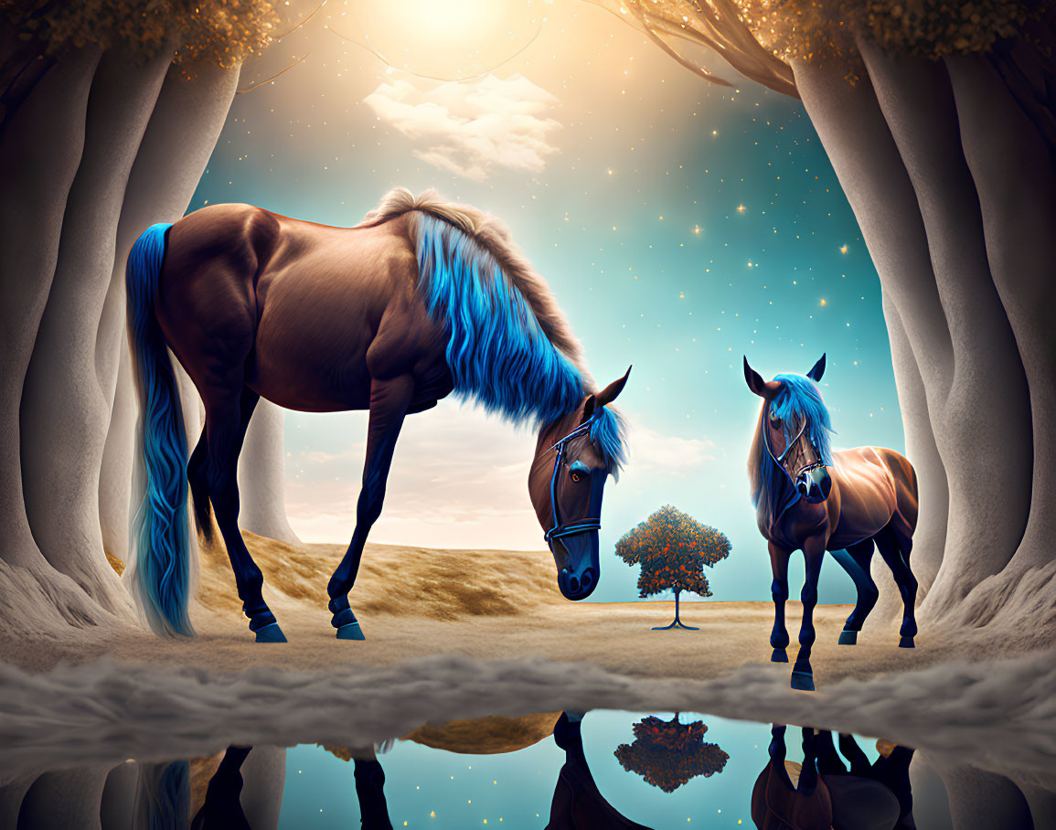 Fantasy scene featuring two horses with blue manes under ethereal sky