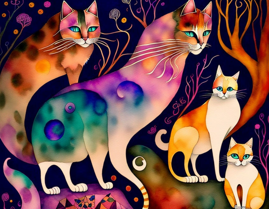 Vibrant artistic illustration of stylized cats on colorful background