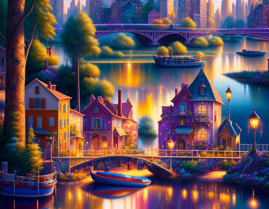 Colorful Artwork: Magical Twilight Riverside Scene with Houses, Bridge, Trees, Boats, Street