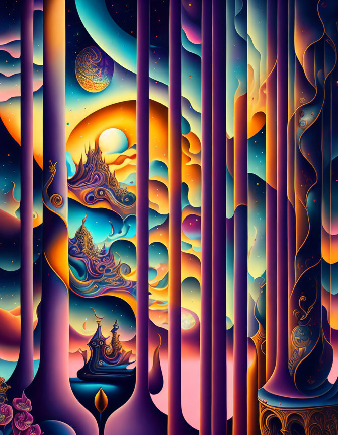 Colorful psychedelic artwork with swirling patterns and celestial landscapes.