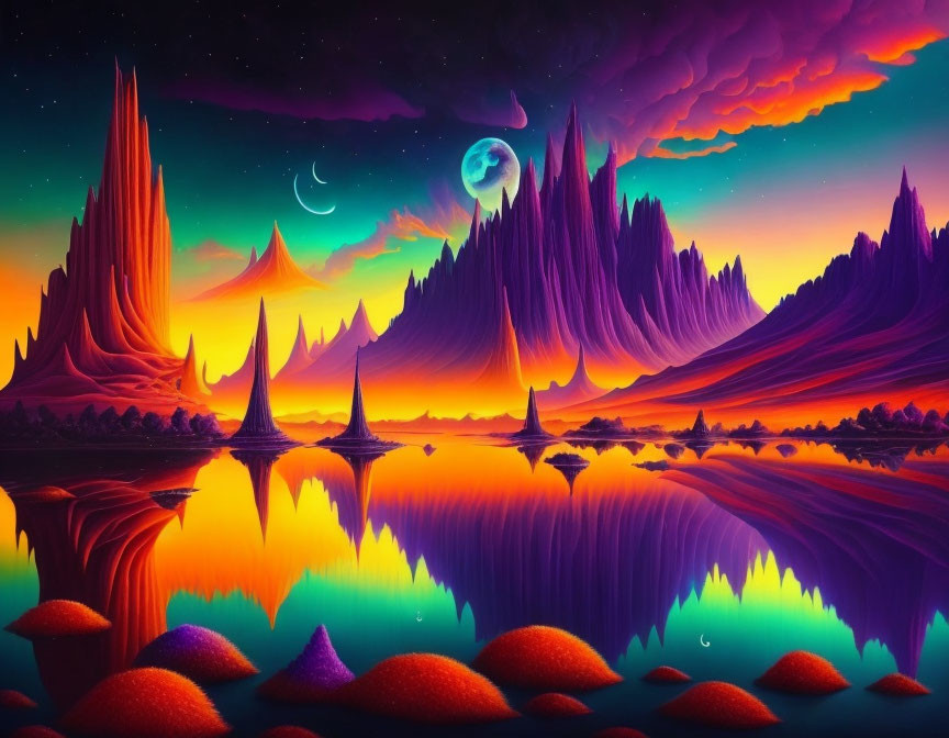 Vivid purple mountains, multiple moons, and twilight sky in a surreal landscape