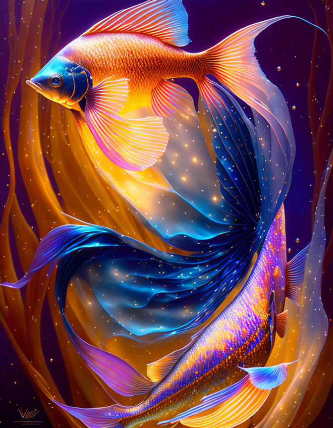 Colorful Betta Fish Digital Artwork in Orange and Blue Hues