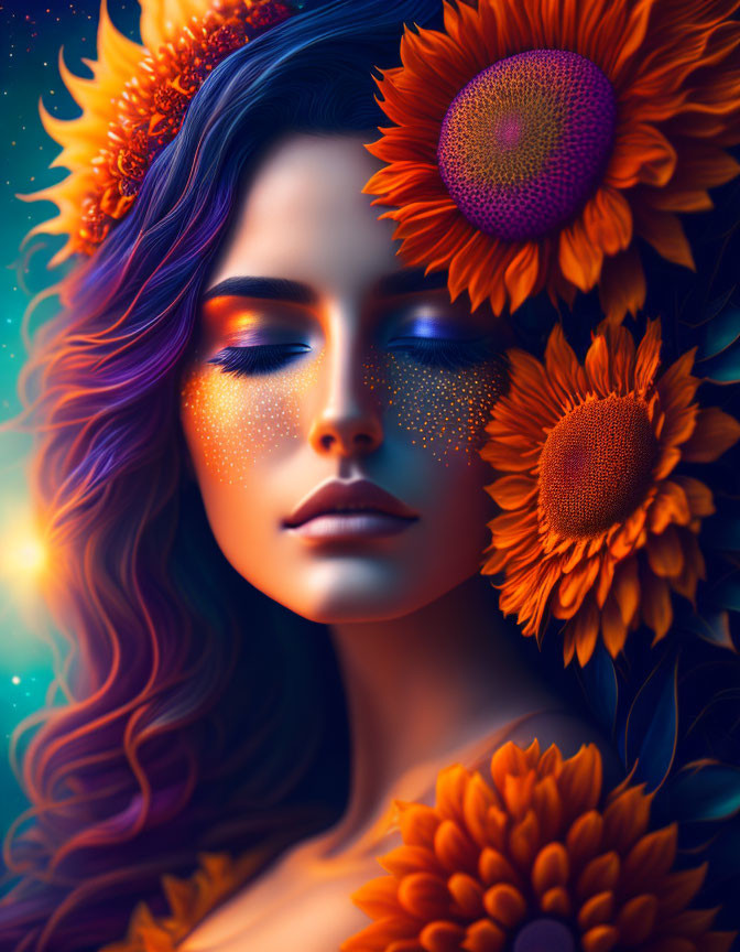 Vibrant sunflower-themed digital portrait of a woman with closed eyes