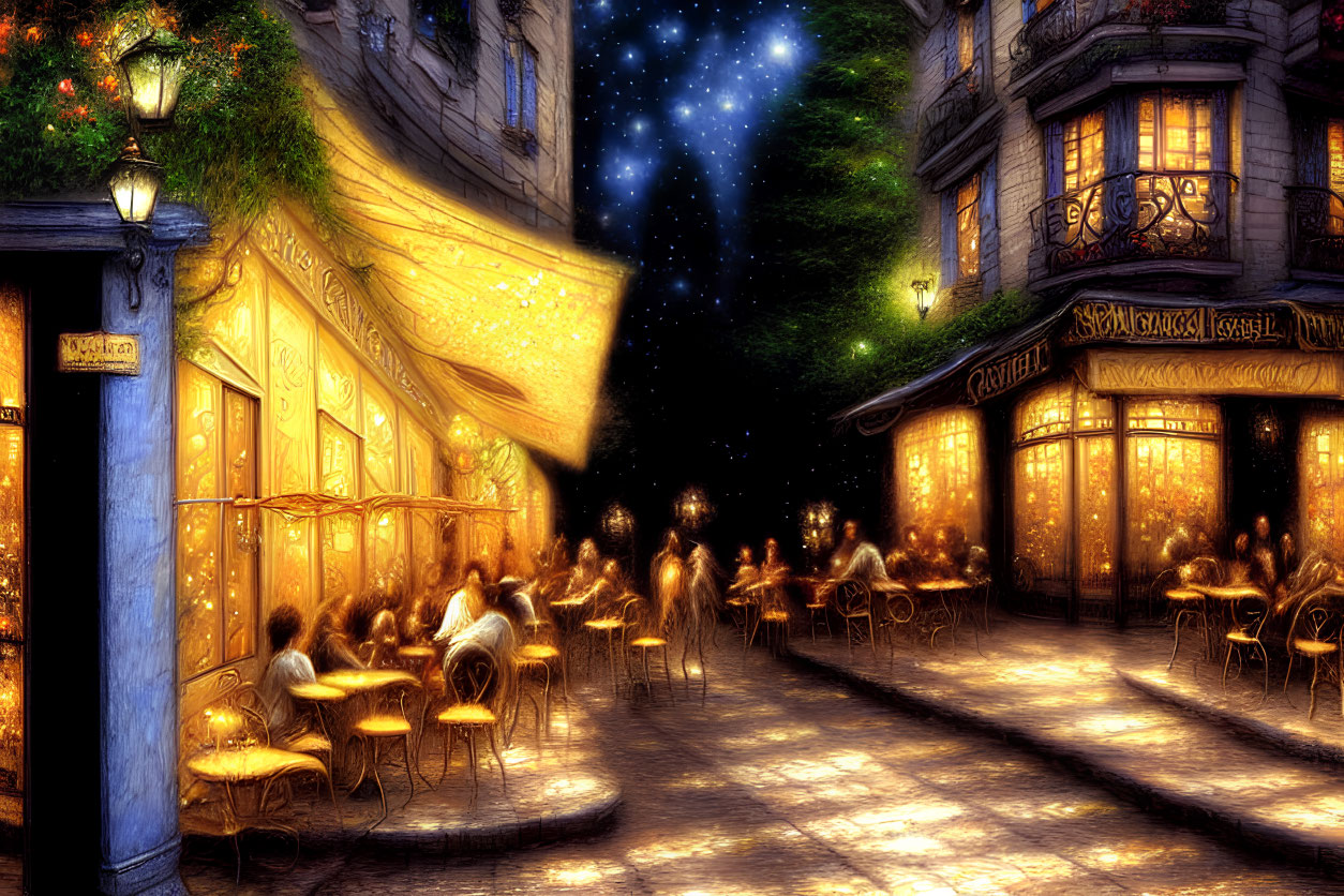 Vibrant outdoor café scene with diners under glowing lights