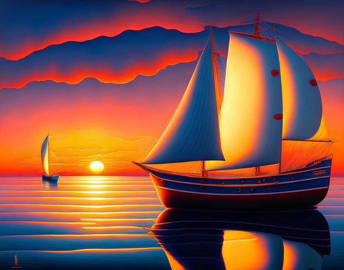 Sailing boats with billowing sails on tranquil waters at vivid orange sunset